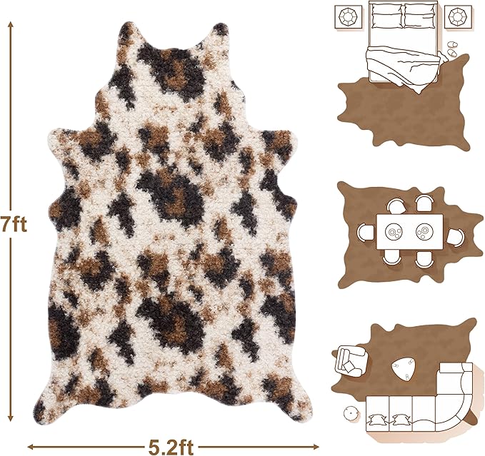 Faux Fur Cowhide Rug: Fluffy Cow Print 5.2x7 Feet Washable Cow Hide Rug for Living Room Bedroom Animal Print Skin Rustic Western Décor Black and Brown