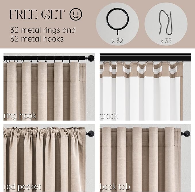 102 inch long Linen blackout curtains for tall windows 2 Panels 100% Blackout Linen texture Curtain Window Drapes Back Tab Rod Pocket Room Darkening Thermal Insulated Panel for Bedroom Living Room