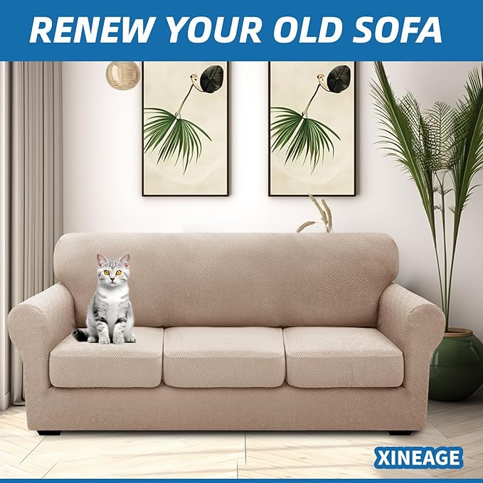 XINEAGE 2026 New 4 Pieces Extra Large Couch Covers for 3 Cushion Sofa Super Stretch Sofa Cover for 3 Large Seat Cushion Universal Slip Cover for Living Room (Khaki), 91"-110"(3 Cushions)