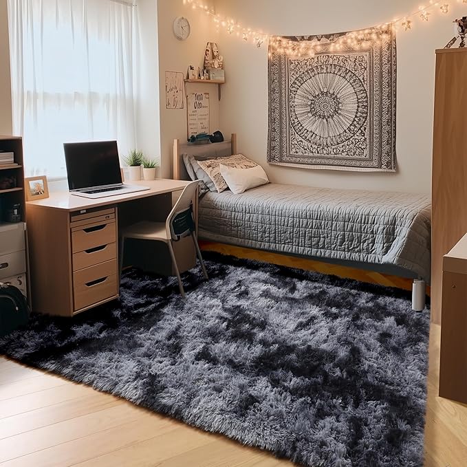ONASAR Area Rugs for Bedroom Living Room, Fluffy Tie-Dyed Dark Grey 4x6 Indoor Bedside Floor Throw Rug, Soft Plush Shaggy Carpet for Nursery Kids Girls Boys Teen Dorm Home Office Decor