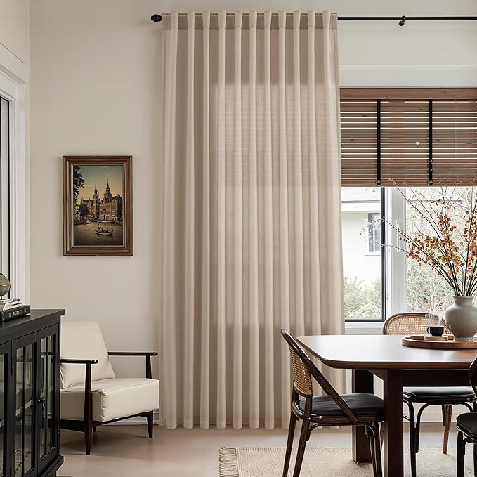 Sepia Beige Linen Curtains 112 Inches Long for Living Room Farmhouse Decor Light Filtering Semi Sheer Curtain Back Tab Rod Pocket Neutral Floor to Ceiling High Window for Bedroom 52x112, 2 Panels