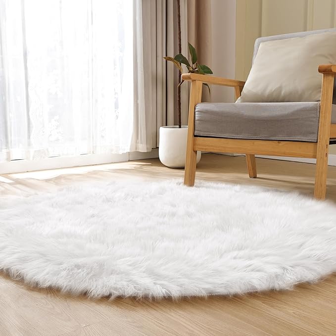 ORINOVA White Small Circle Fluffy Rugs for Bedroom Washable Faux Sheepskin Shaggy Fur Area Rugs for Living Room Round Rug 4ft Nursery Rug