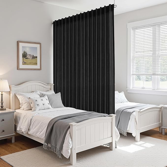 Nanspring Extra Wide Linen Curtains for Living Room 108 Inch Length for Room Divider Black Rustic Farmhouse Drape Rod Pocket Back Tab Light Filtering Bedroom Window Curtain for Sliding Door 100x108