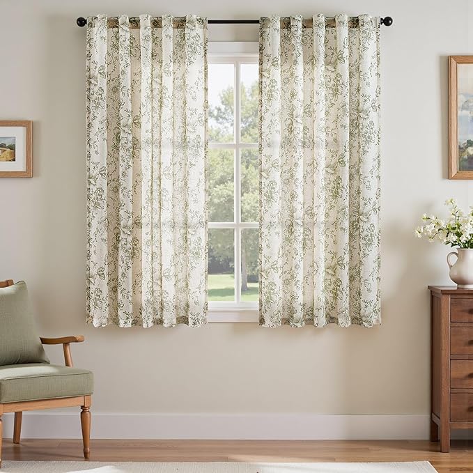 jinchan Linen Blend Floral Curtains for Living Room 63 Inch Length Farmhouse Printed Curtain Rod Pocket Back Tab Sage Green Peony Flower Patterned Drapes Bedroom Curtains Set 2 Panels