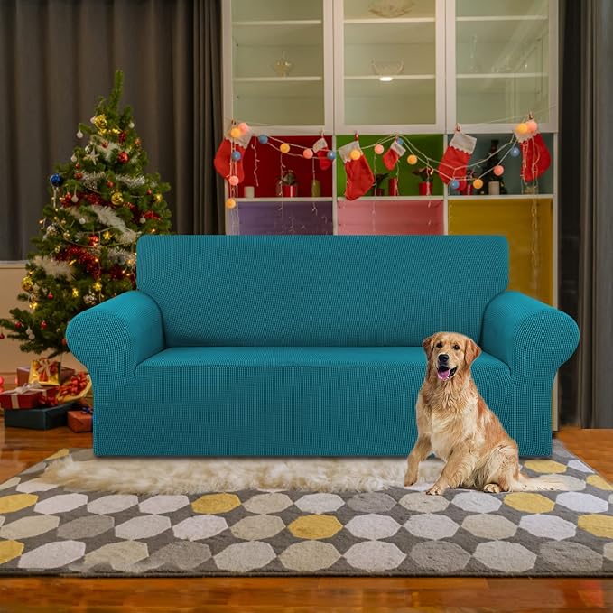 KEKUOU Stretch Loveseat Sofa Cover Slipcover,Couch Covers for 2 Cushion Couch Sofa (55"-78") Furniture Protector Sofa with Elastic Bottom for Kids,Dog. Jacquard Small Checked (Medium,Peacock Blue)