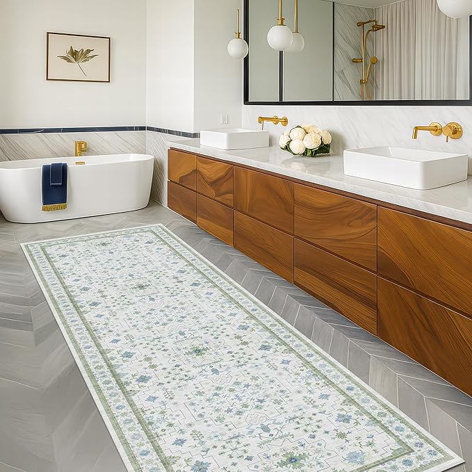 Hazo Haus Oushak Wide Hallway Runner Rug 2'6"x8' - Vintage Turkish Floral, Washable Low Pile Non Slip Extra Long Runners for Kitchen, Hall Way - Cream Blue and Green
