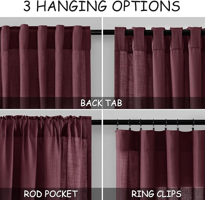 Burgundy Linen Curtains 63 Inches Long 2 Panel Sets for Living Room Bedroom Rod Pocket Back Tab Light Filtering Drape for Kitchen Window Short Protect Privacy Curtain Modern Farmhouse Decor 52x63