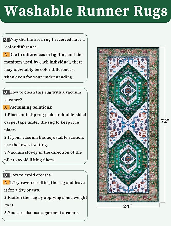 SERISSA Boho Washable Runner Rug, 2x6 Rug Runner Non-Slip Vintage Green White Hallway Kitchen Runner Rug Ultra Soft Print Distressed Floor Carpet Runner for Bedroom Bathroom Laundry Living Room
