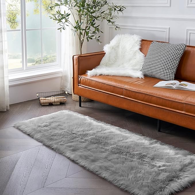 Ciicool Faux Fur Rug for Bedroom, Grey Fluffy Shag Rug for Sofa Couch Seat Cushion, Washable Fuzzy Runner Rugs Thick Fur Area Rug Floor Carpets for Bedside Living Room, 2x6 Ft Rectangle
