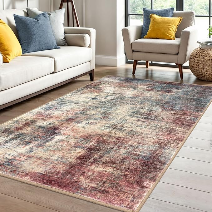 IOHOUZE Abstract Area Rug 4x6 Ft Washable Rugs for Entryway Indoor, Non Slip Small Living Room Rugs Printed Faux Wool Throw Rug, Floor Carpet for Kitchen Nursery Playroom, Red/Multi