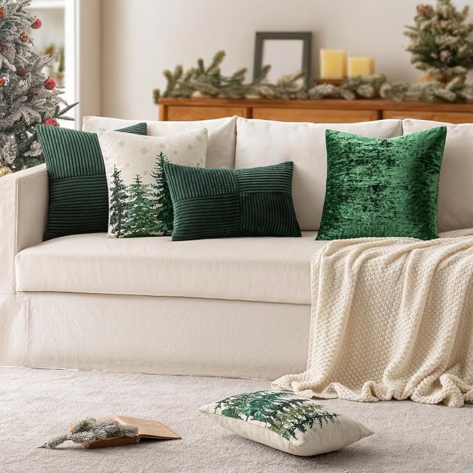 MIULEE Army Green Decorative Lumbar Throw Pillow Covers 12x20 Inch for Couch Bed Sofa Pack of 2 Boho Farmhouse Throw Pillows Soft Cross Corduroy Patchwork Textured Cushion Cases