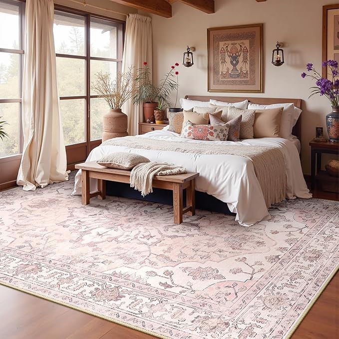 RELEANY Area Rugs 10'x14' Washable Non-Slip, Floral Vintage Distress Print Pattern Medallion Carpet for Living Room Bedroom Dining Room, Pink Greypink Cute
