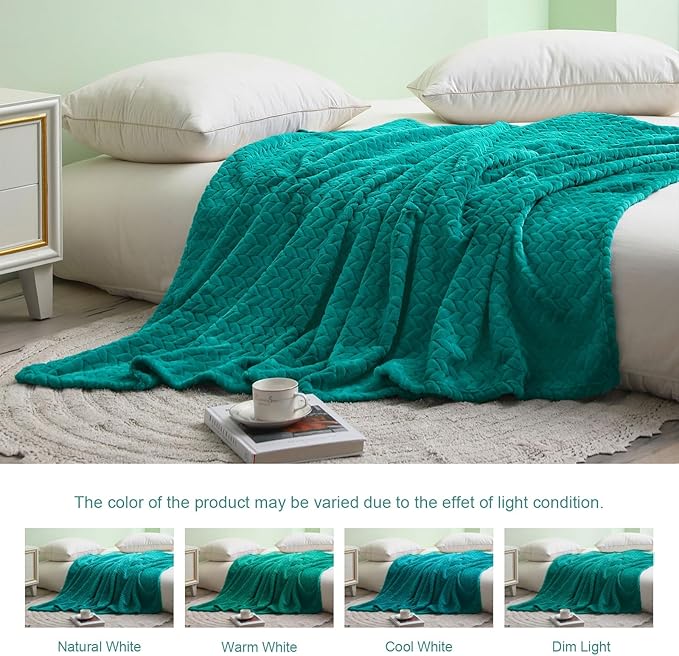 Exclusivo Mezcla Fleece Queen Size Blanket for Bed, 90x90 Inches Soft Cozy Jacquard Flannel Blankets, Lightweight Fuzzy Plush Warm for Women, Teal