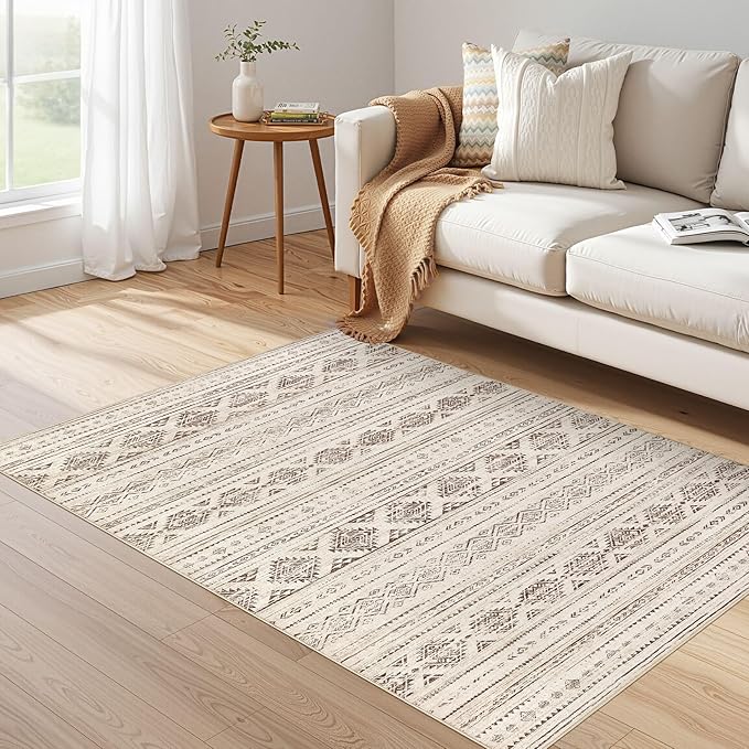 Nakagishi Area Rug Living Room Rugs: 4x6 Soft Machine Washable Boho Neutral Farmhouse Stain Resistant Moroccan Indoor Floor Carpet for Bedroom Nursery Kids Entryway Kitchen Bedside Home- Dark Brown