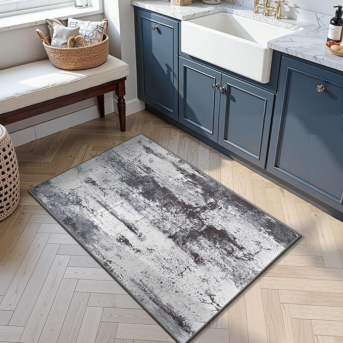 Toneed Entryway Rug 2x3 Door Mat for Indoor Entrance, Washable Small Throw Rug for Kitchen Floor, Front Door, Bedroom Bedside, Non-Slip Low Pile, Abstract Slate Grey