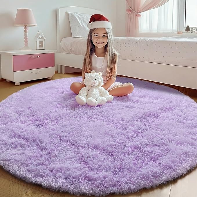 ONASAR Light Purple Round Area Rug 4ft, Soft Bedroom Circle Rugs Floor Mats for Kids Girls Teen Room, Cute Fluffy Plush Shaggy Carpet for Baby Nursery Living Room Playroom Dorm Home Decor