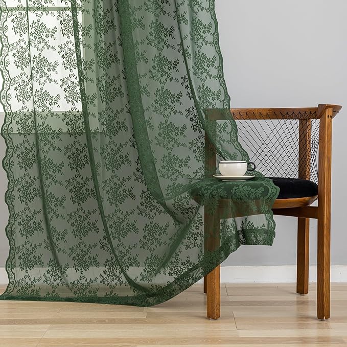 YJ YANJUN Vintage Lace Curtains 72 Inches Long-Victorian Floral Pattern Dark Olive Green Sheer Curtain Panels for Living Room Bathroom Spring Embroidered Drapes Light Filtering 2 Panels 52W x 72L