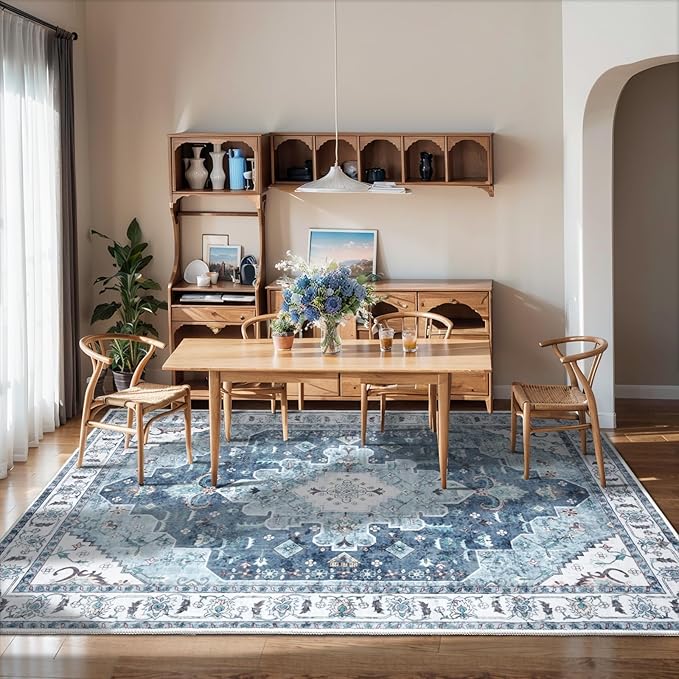 SERISSA Boho Area Rug 5x7 Blue, Washable Large Rugs for Living Room, Ultra Soft Non-Slip Bedroom Rug Print Distressed Vintage Oriental Farmhouse Carpet Rug for Dining Room Dorm Office Home Decor