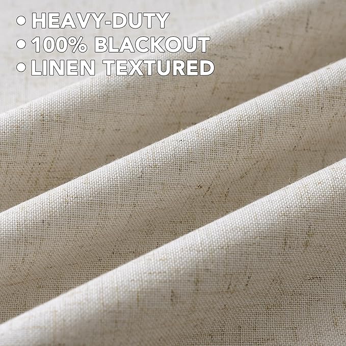 H.VERSAILTEX Linen Curtains 100% Blackout Curtains for Bedroom 84 inch Long Full Light Blocking Nature Linen Blended Window Curtains for Living Room Nickel Grommet (2 Panels, Heathered Linen)