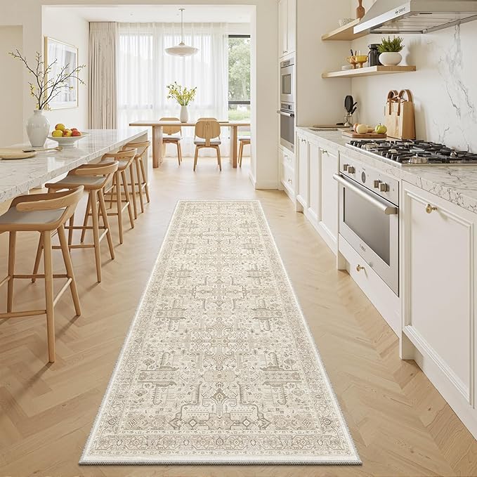 2x6 Hallway Washable Runner Rug - Soft Non Slip Vintage Rugs for Entryway Low-Pile Farmhouse Neutral Kitchen Runners Living Room Floor Mat Stain Resistant Distressed Carpet for Bedroom Bathroom Beige