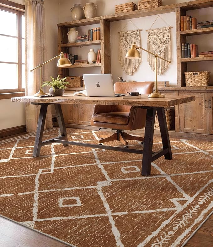 YIHOUSE Western Rugs for Living Room, 6x9 Moroccan Area Rug, Aztec Burnt Orange Large Rug, Southwestern Soft Low-Pile Washable Rugs for Bedroom, Dining Room