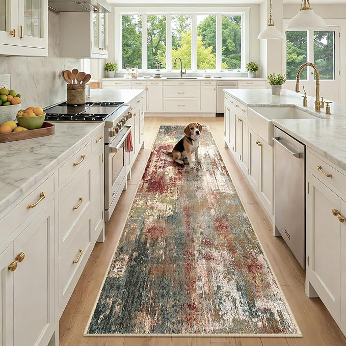Washable Area Rugs 2'6''x10 Non-Slip Modern Abstract Soft for Living Room Entryway Bedroom Nursery, Print Pattern, Brown Rust Red Green Blue Multi