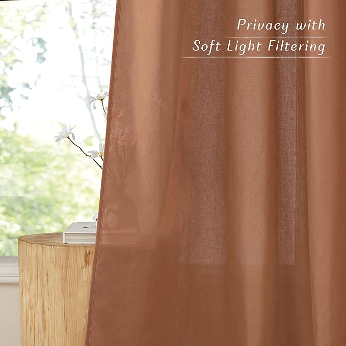 NICETOWN Caramel Linen Curtains for Kitchen, Thick Flax Small Window Treatments Semi Sheer Privacy Assured with Light Through for Cafe/Bathroom, W55 x L102, 2 Panels