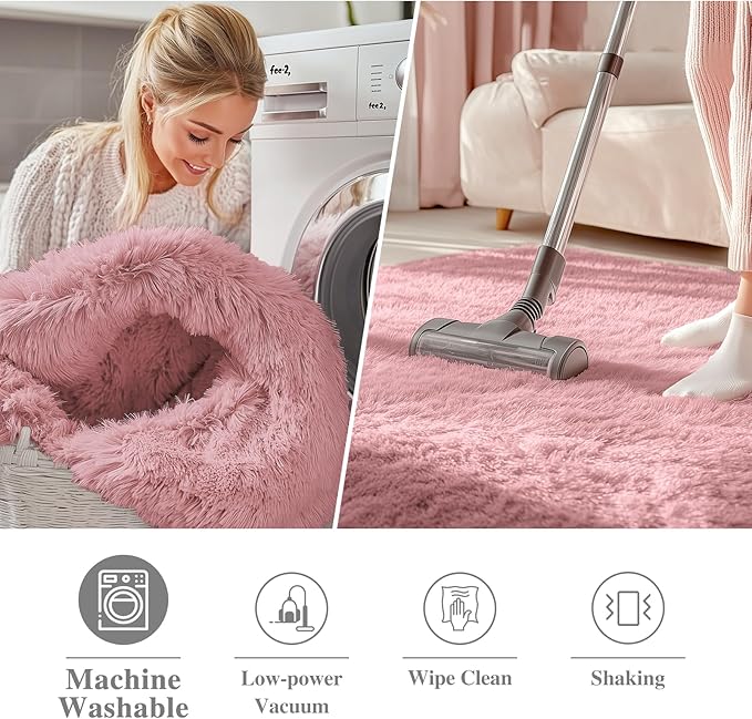 OLANLY Pale Pink Round Rugs for Bedroom - Machine Washable, 7 ft Circle Area Rugs for Living Room, Soft and Fluffy Shaggy Carpet for Teen Girls and Boys, Nursery Rooms, Dorms, Home Decor Aesthetic