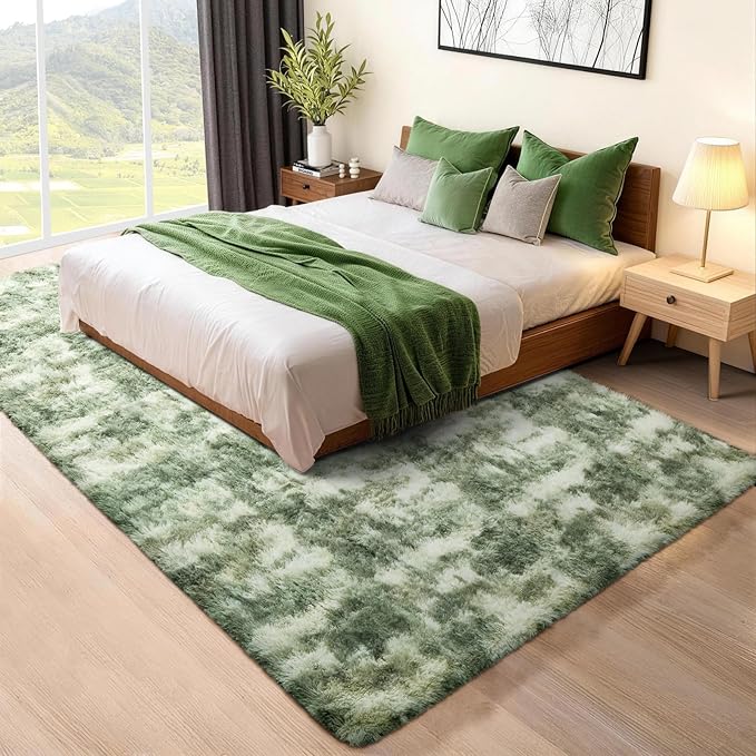 Ophanie Green and White Area Rugs for Living Room 5x7, Fluffy Shag Large Fuzzy Plush Soft Carpets, Floor Shaggy Rugs for Bedroom, Carpet for Kids Boys Girls Dorm Nursery Home Decor Aesthetic