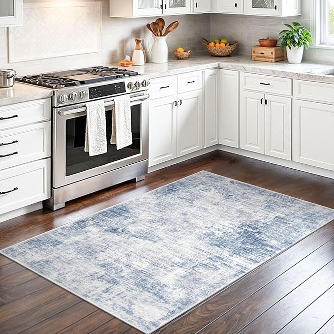 IOHOUZE Abstract Area Rug 3x5 Ft Washable Rugs for Entryway Indoor, Non Slip Kitchen Rug Printed Faux Wool Throw Rugs, Indoor Door Mat for Door Entrance Foyer Living Room, Light Blue Grey