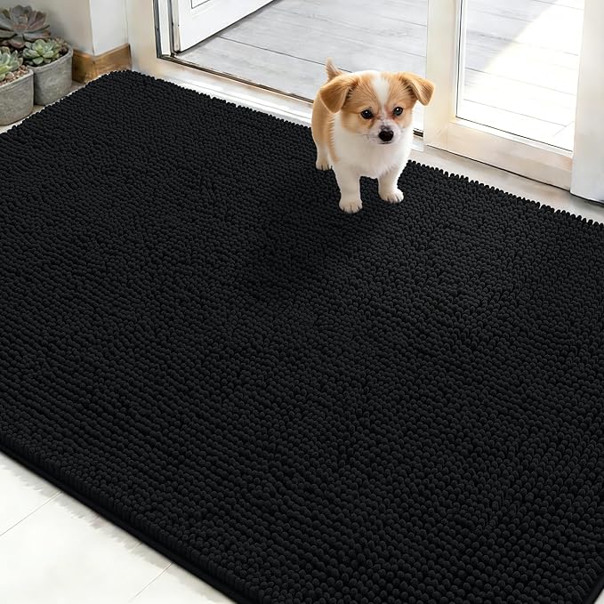 OLANLY Dog Door Mat for Muddy Paws 50x30, Absorbs Moisture and Dirt, Absorbent Non-Slip Washable Doormat, Quick Dry Chenille Mud Mat for Dogs, Entry Indoor Entryway Carpet for Inside Floor, Black