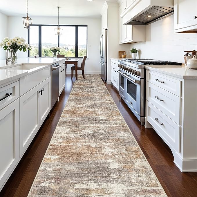 3x20 Washable Kitchen Runner Rug: Modern Abstract Runners for Hallway Soft Non Slip Rugs with Rubber Backing Low Pile Thin Floor Carpet for Entryway Bedroom Bathroom Bedside Indoor(Brown/Brick,3x20)