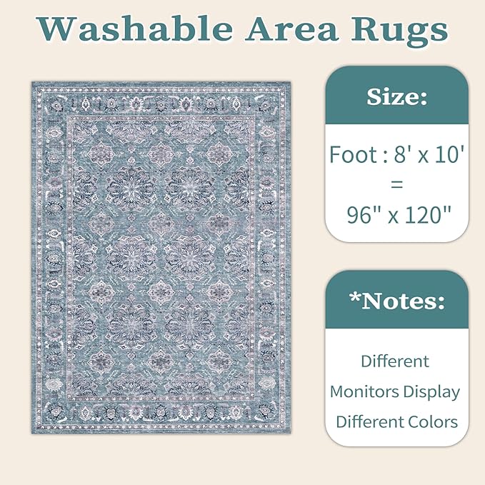 SERISSA Boho 8x10 Area Rugs Blue Grey, Washable Vintage Floral Large Living Room Rug Non-Slip, Ultra Soft Oriental Print Distressed Farmhouse Carpet for Dining Room Bedroom Dorm Office Home Decor