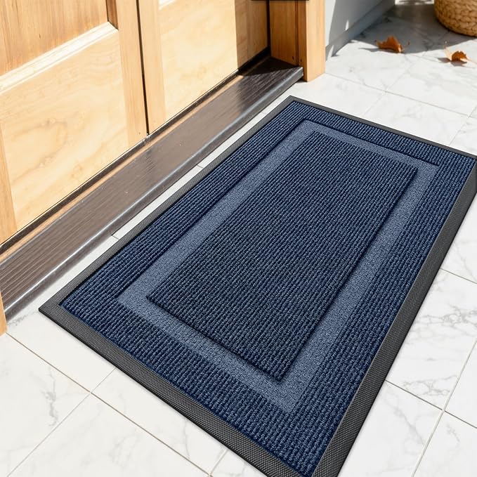 OLANLY Front Door Mat Indoor Outdoor Entrance, Waterproof All-Season, All-Weather Doormat, Sturdy Natural Rubber, Fade Resistant, Low Profile, Easy Clean Patio Porch Entryway Mat, 23.5x15.5, Blue