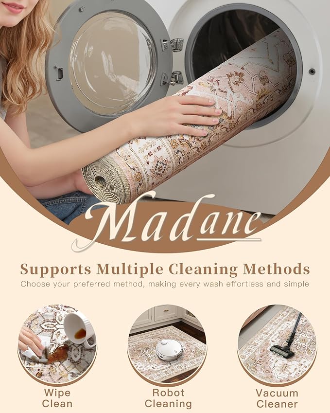Madane Washable Runner Rug - 2x6 Rug Runners for Hallways 6 Feet Non Slip Vintage Kitchen Runner Rug Ultra-Thin Bathroom Runner Rugs Carpet Laundry Room Bedroom (2x6ft, Pink)