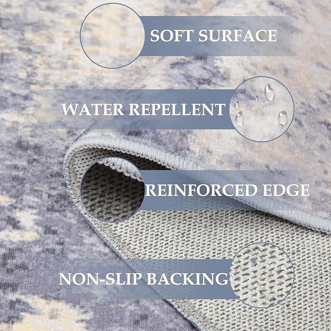Washable Area Rugs 5'x8' Non-Slip Modern Abstract Soft for Living Room Entryway Bedroom Nursery, Print Pattern, Purple Grey Cream Yellow