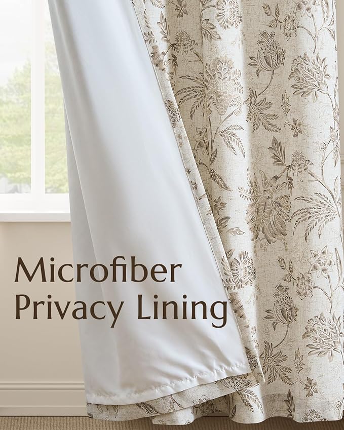 jinchan Lined Linen Floral Curtains for Living Room, 84 Inch Length Printed Flower Farmhouse Patterned French Country Back Tab Taupe Window Drapes Set Privacy Bedroom Curtains, 2 Panels