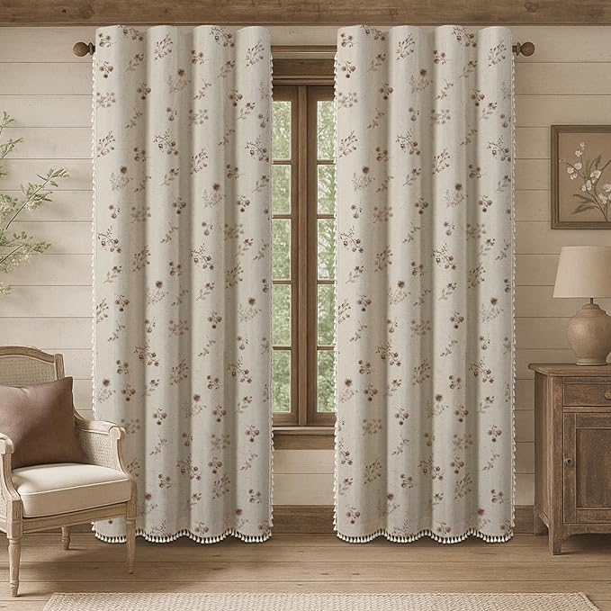 Boho Floral Spring 100% Blackout Curtains 84 Inch Length 2 Panels Set, Linen Texture Farmhouse Curtains with Beige Tassel for Living Room Bedroom, Vintage Rustic Rod Pocket,Brown