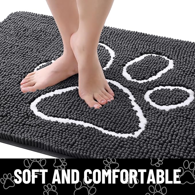 Smiry Dog Door Mat for Muddy Paws, Absorbent Dirt Trapper Non Slip Quick Dry Washable Chenille Mat for Mud Dogs, Entry Rug for Indoor and Outdoor (47x20 Inches, Dark Grey and White)