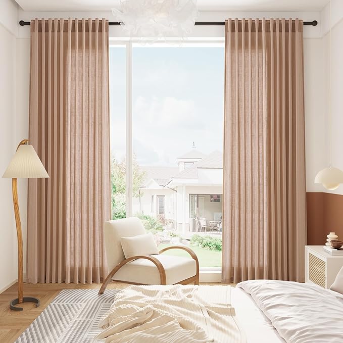 Nanspring Linen Curtains 108 Inches for Baby Girl Bedroom Set Extra Long Back Tab Curtain Light Filtering Semi Sheer Peach Drapes Floor to Ceiling Curtain for Large Windows 52x108,2 Panels