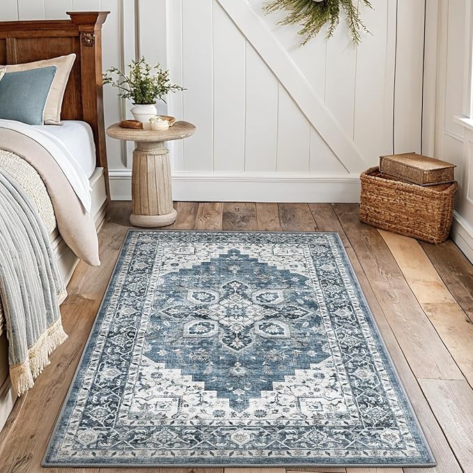 AMADA HOMEFURNISHING 4x6 Washable Area Rug, Low-Profile Entryway Rug with Non-Slip Backing & Durable Edge Binding, Vintage Rugs for Bedroom, Entryway & Kitchen