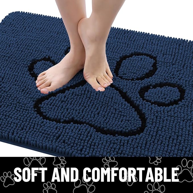 Smiry Dog Door Mat for Muddy Paws, Absorbent Dirt Trapper Non Slip Quick Dry Washable Chenille Mat for Mud Dogs, Entry Rug for Indoor and Outdoor (48x30 Inches, Dark Blue and Black)