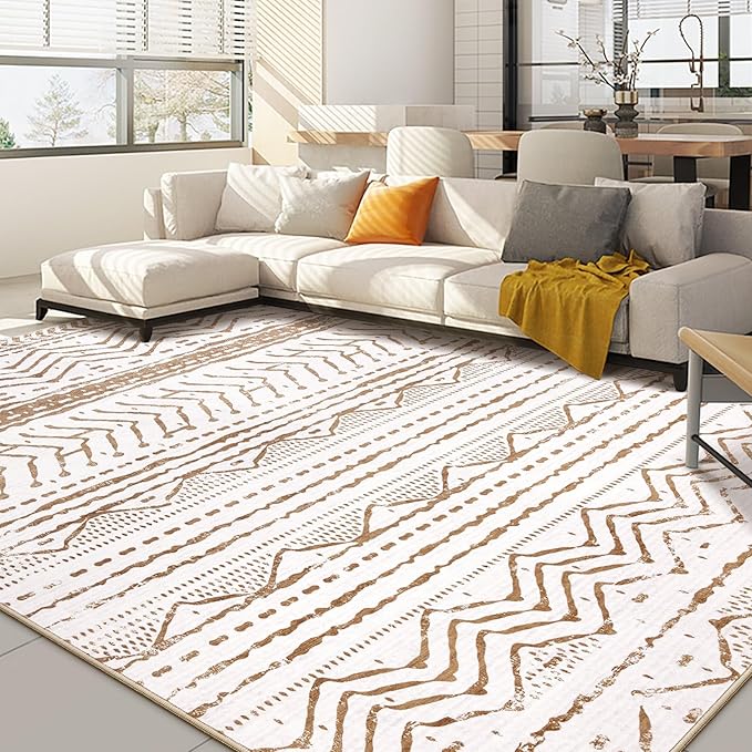 Nakagishi 7x9 Area Rugs Living Room: Washable Boho Large Neutral Soft Farmhouse Rug Stain Resistant Modern Indoor Floor Non-Slip Carpet for Bedroom Nursery Playroom Office Dining Dorm- White Brown