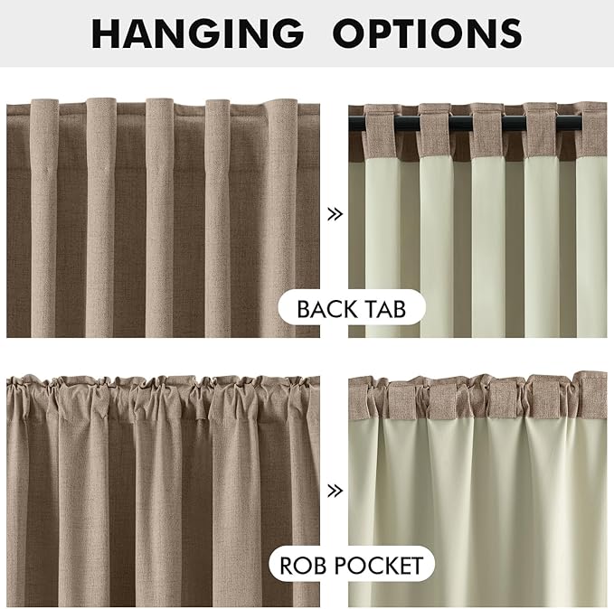 MIULEE 100% Blackout Linen Curtains for Bedroom, Brown Solid Luxury Decor Thermal Insulation Room Darkening Drapes for Living Room Nursery Back Tab Rod Pocket 42 x 96 Inches, 2 Panels