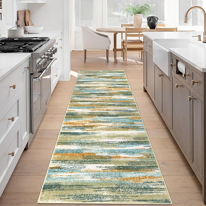 Lansny Modern Abstract Runner Rug 3x8, Green Mustard Multi Washable Kitchen Runner Non-Slip Soft Hallway Rug Runner Thin Print Faux Wool Carpet for Entryway Bedroom Laundry Room Indoor Home Office