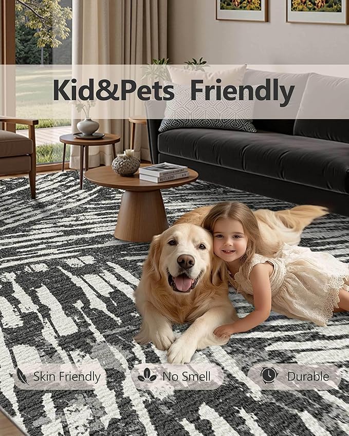 Latte&Fog 5x7 Area Rugs for Living Room Bedroom, Modern Abstract Washable Rug, Boho Non Slip Low Pile Carpet for Indoor Dining Room,Dorm, Classroom, College Dorm,Farmhouse and Kids Room - Black White