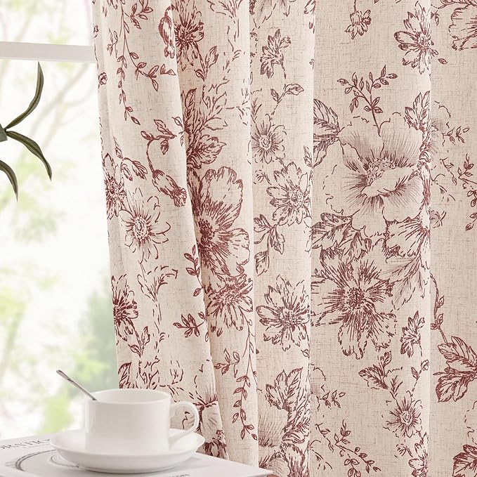 jinchan Lined Linen Blend Curtain Floral Curtains for Living Room 96 Inches Long Farmhouse Red Flower Printed Curtain Rod Pocket Back Tab Peony Patterned Drapes Curtains Set 2 Panels