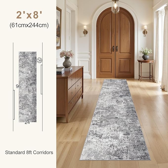 UERMEI 2X8 Washable Runner Rug for Hallway: Soft Neutral Modern Abstract Area Rug - Non-Slip Low Pile Long Throw Indoor Carpet for Kitchen Entryway Kitchen Bedroom Laundry - Grey