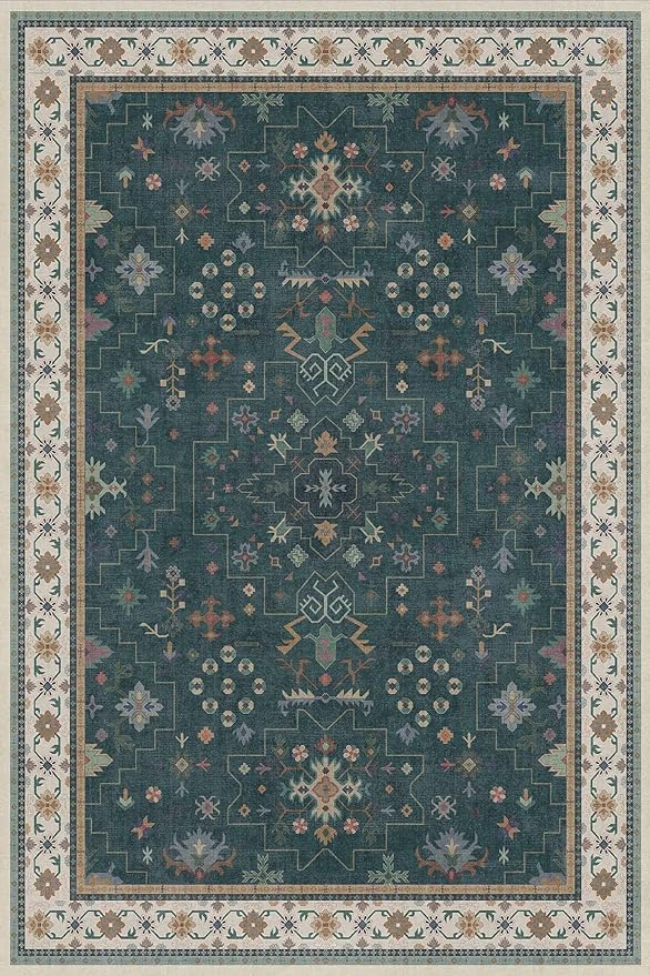 Hazo Haus Dark Green 4x6 Living Room Rug - Modern Vintage Boho Floral Forest, Washable Low Pile Non-Slip Area Rugs for Door Mat Entrance, Mudroom, Kitchen, Bedroom Beside Bed, Office