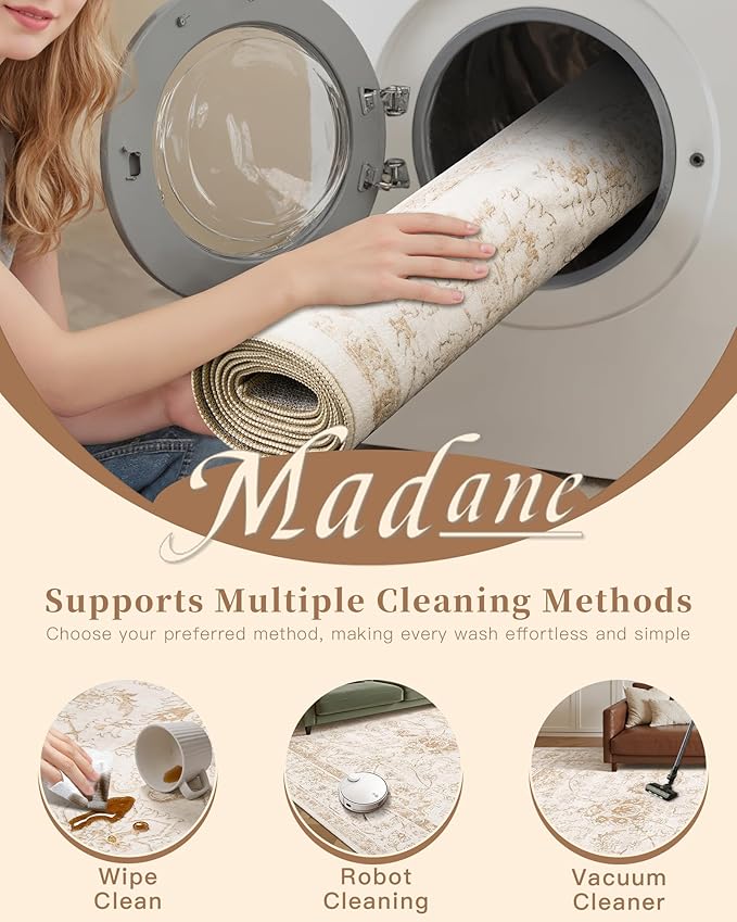 Madane Washable 6x9 Area Rugs for Living Room, Vintage Natural Rug with Non-Slip Backing, Soft Stain Resistant Throw Rugs Thin Carpet for Bedroom Dining Room Farmhouse (6 x 9, Wood/Ivory)